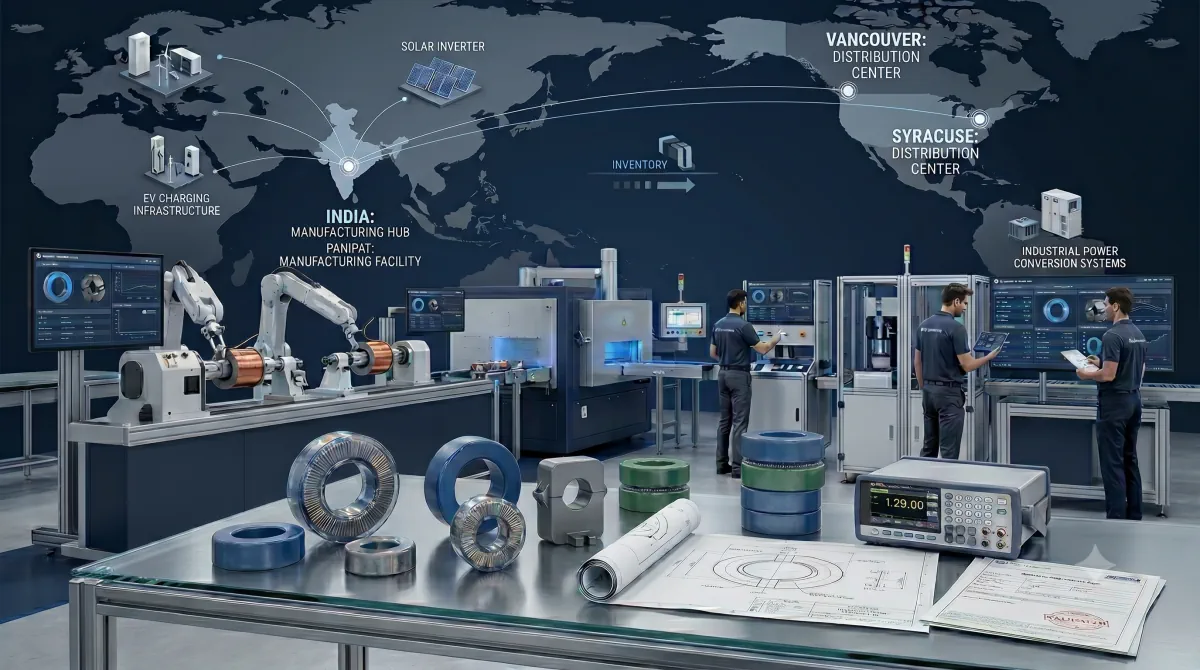 Nanocrystalline core manufacturing in India with global distribution to North America, illustrating the China and India supply chain comparison