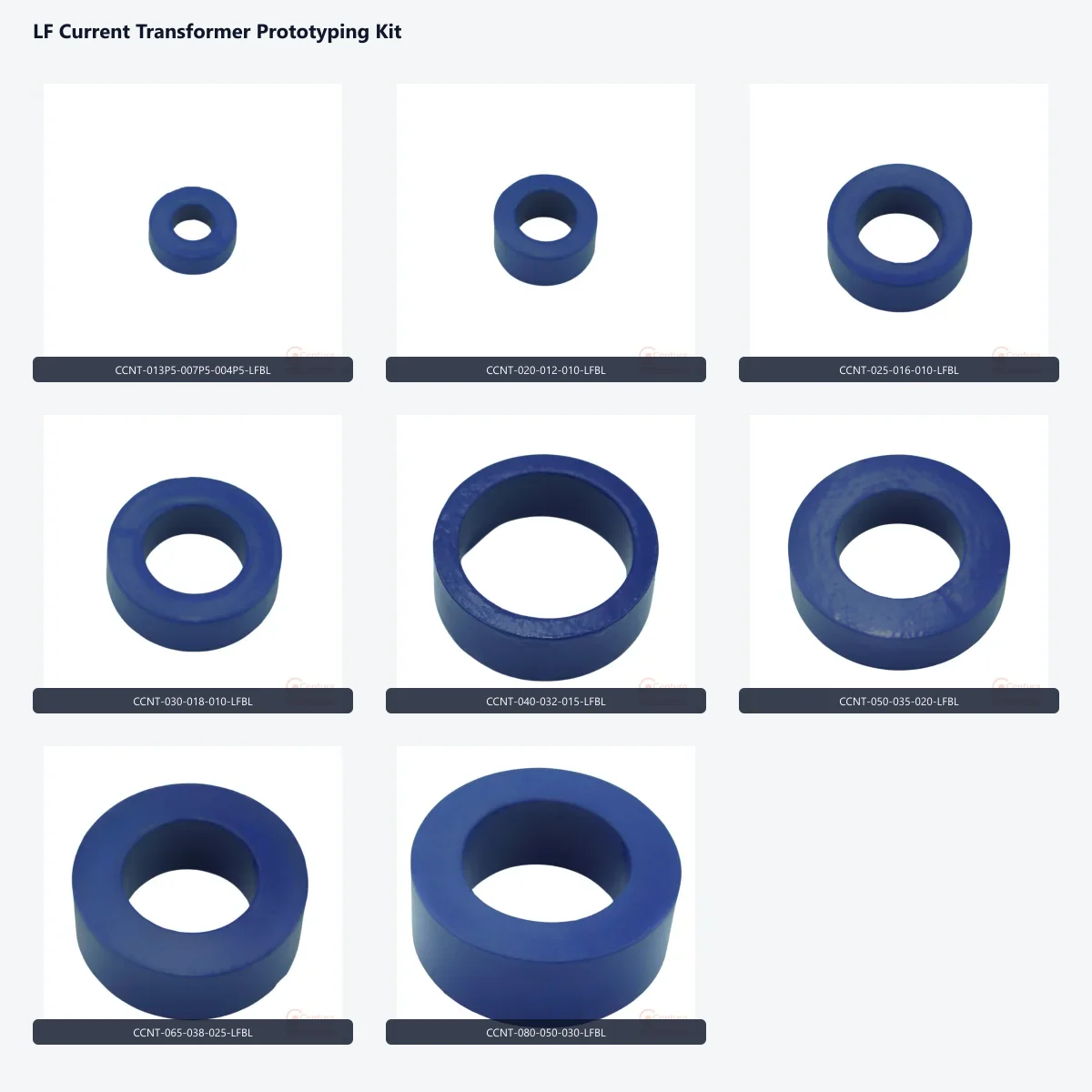 CenturaCores LF Current Transformer Prototyping Kit with powder-coated nanocrystalline toroids from 13.5 mm to 80 mm class.