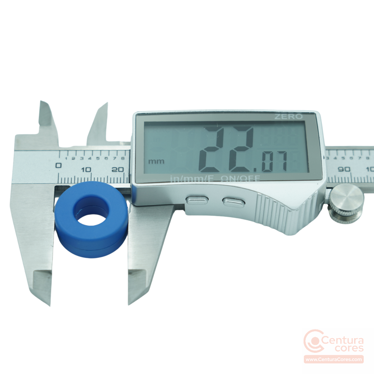 Digital caliper outer dimension measurement check on CenturaCores nanocrystalline toroidal core CCNT-020-012-008-MFBL.