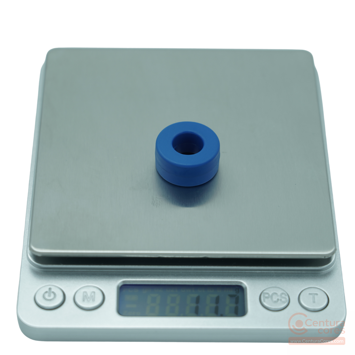 Digital scale mass measurement showing sample weight for CenturaCores nanocrystalline toroid CCNT-020-012-008-MFBL.