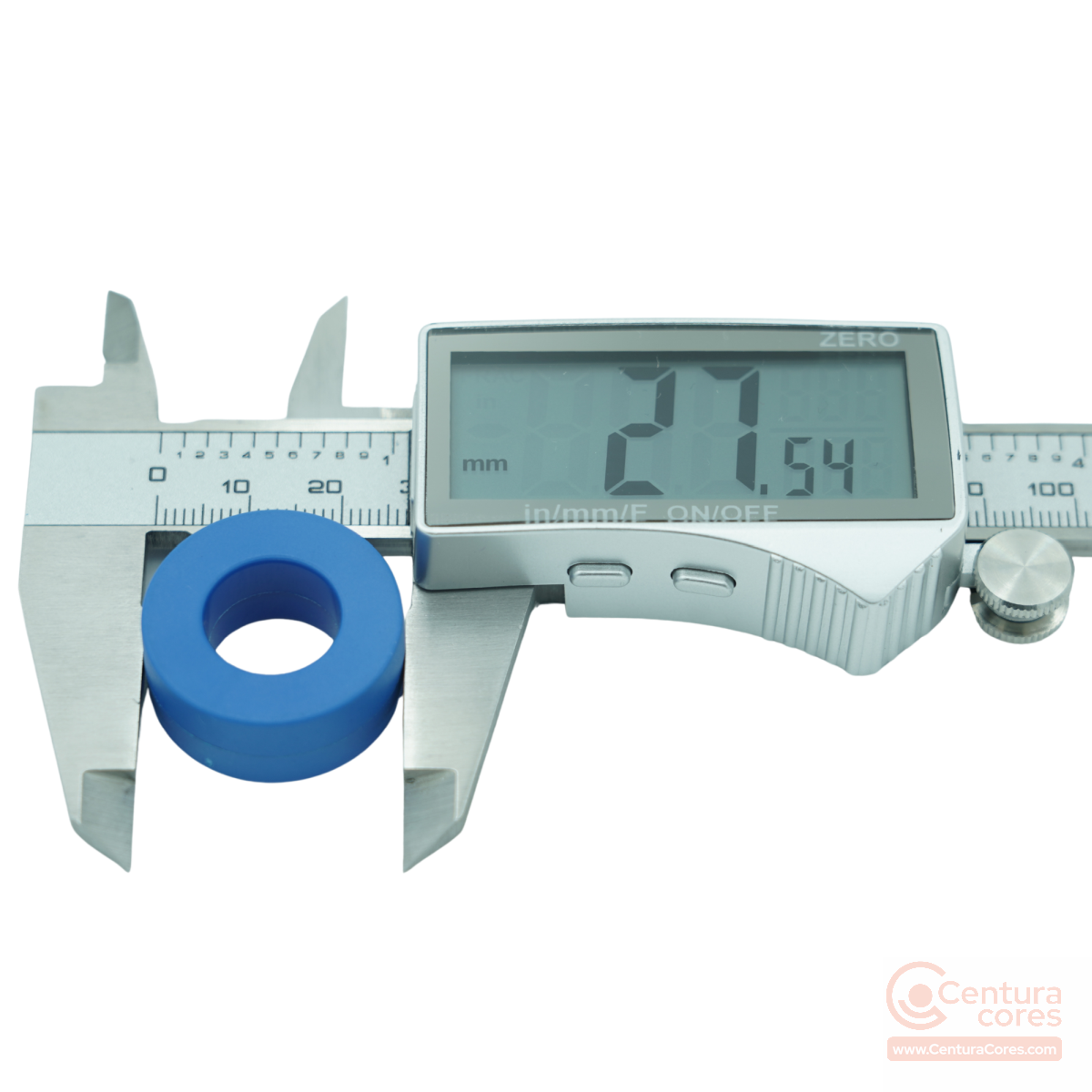 Digital caliper outer dimension measurement check on CenturaCores nanocrystalline toroidal core CCNT-025-016-010-MFBL.