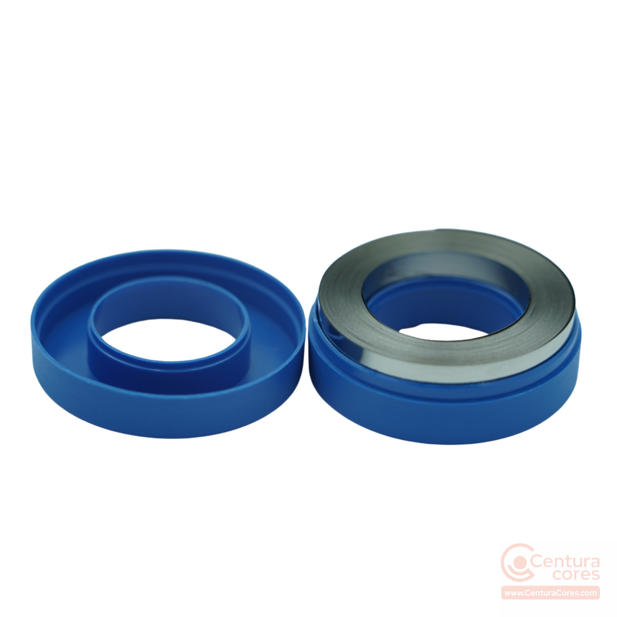 Disassembled CenturaCores CCNT-025-016-010-MFBL nanocrystalline toroidal core showing the internal metallic alloy ribbon core sitting in its protective plastic housing.