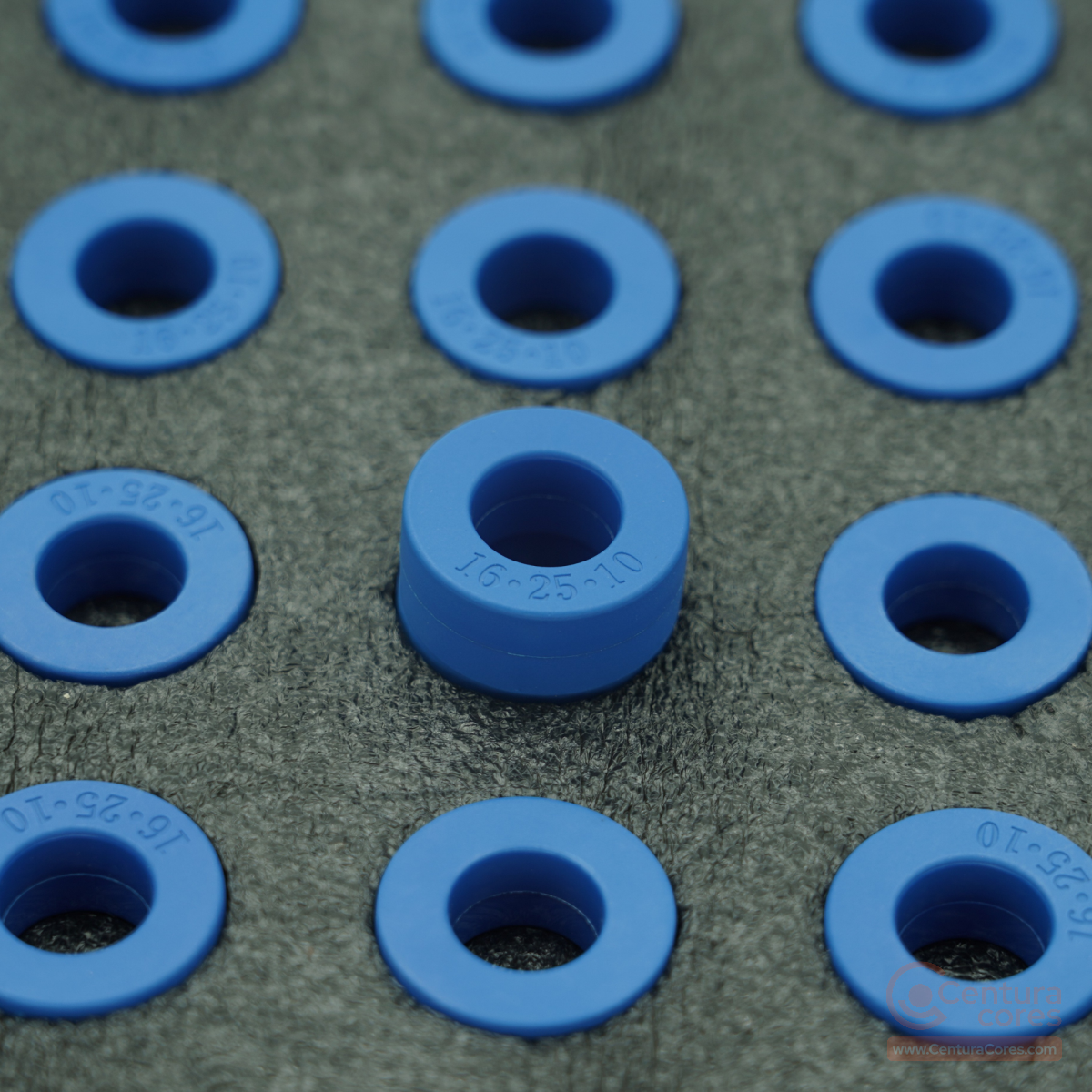 CenturaCores CCNT-025-016-010-MFBL nanocrystalline toroidal cores organized in precision ESD foam tray bulk packaging.