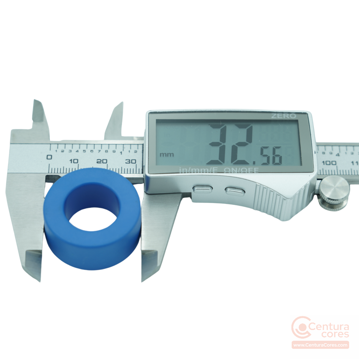 Digital caliper outer dimension measurement check on CenturaCores nanocrystalline toroidal core CCNT-030-020-015-MFBL.