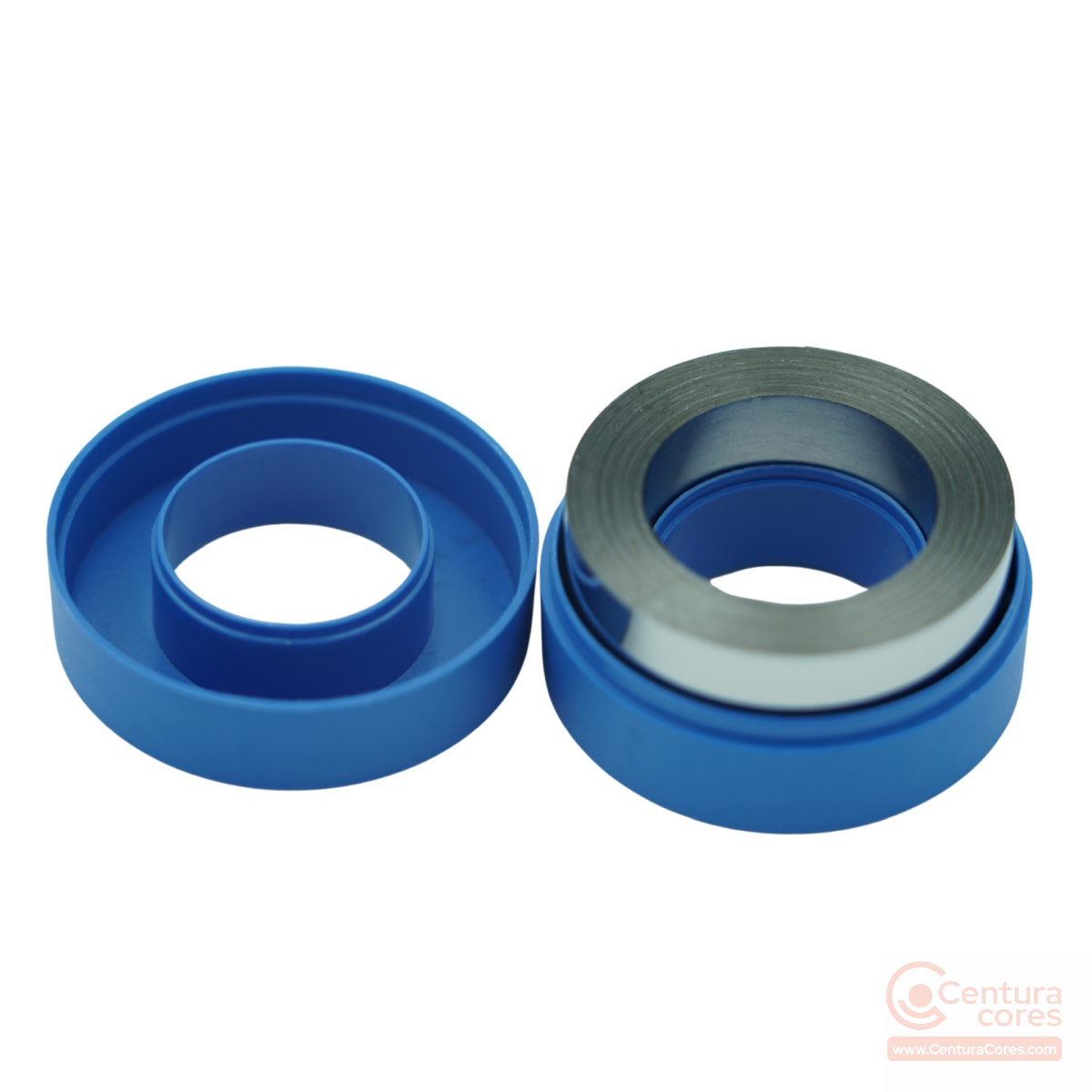 Disassembled CenturaCores CCNT-030-020-015-MFBL nanocrystalline toroidal core showing the internal metallic alloy ribbon core sitting in its protective plastic housing.