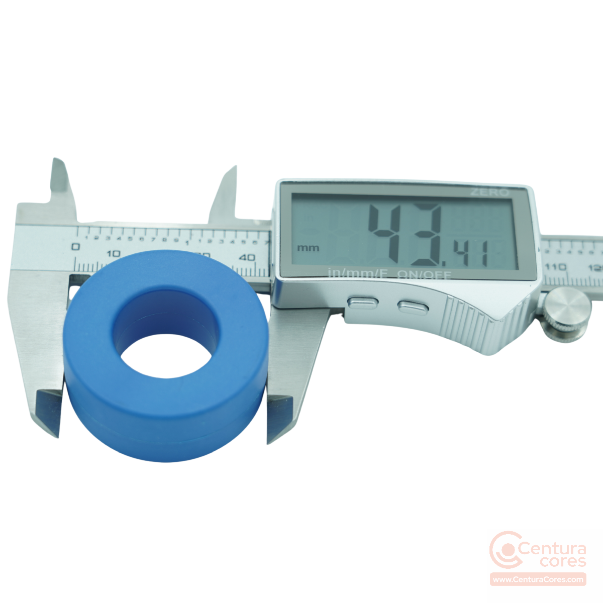 Digital caliper outer dimension measurement check on CenturaCores nanocrystalline toroidal core CCNT-040-025-015-MFBL.