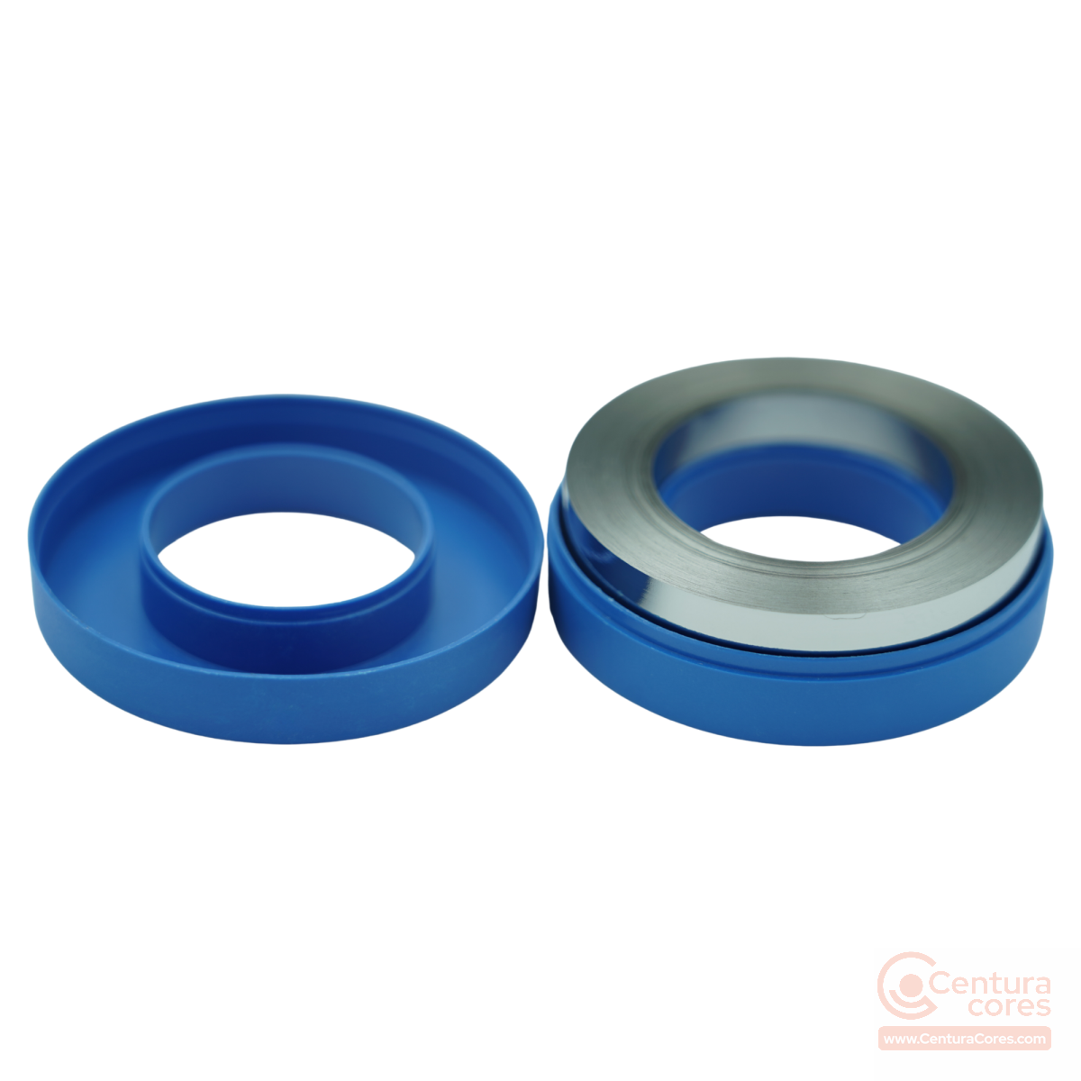 Disassembled CenturaCores CCNT-040-025-015-MFBL nanocrystalline toroidal core showing the internal metallic alloy ribbon core sitting in its protective plastic housing.