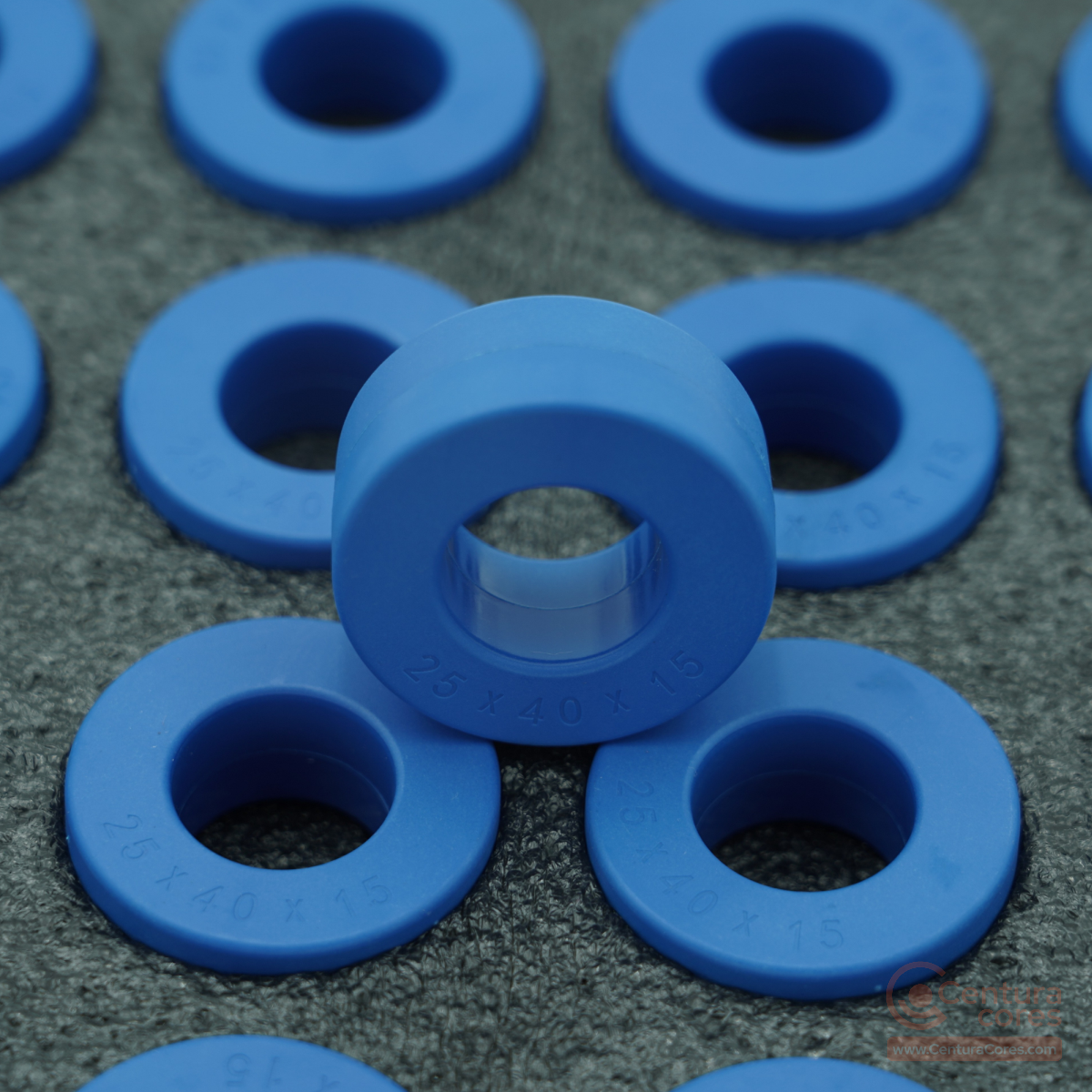 CenturaCores CCNT-040-025-015-MFBL nanocrystalline toroidal cores organized in precision ESD foam tray bulk packaging.