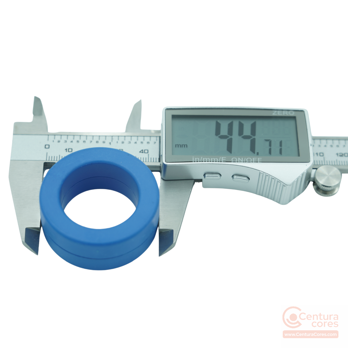 Digital caliper outer dimension measurement check on CenturaCores nanocrystalline toroidal core CCNT-040-032-015-MFBL.