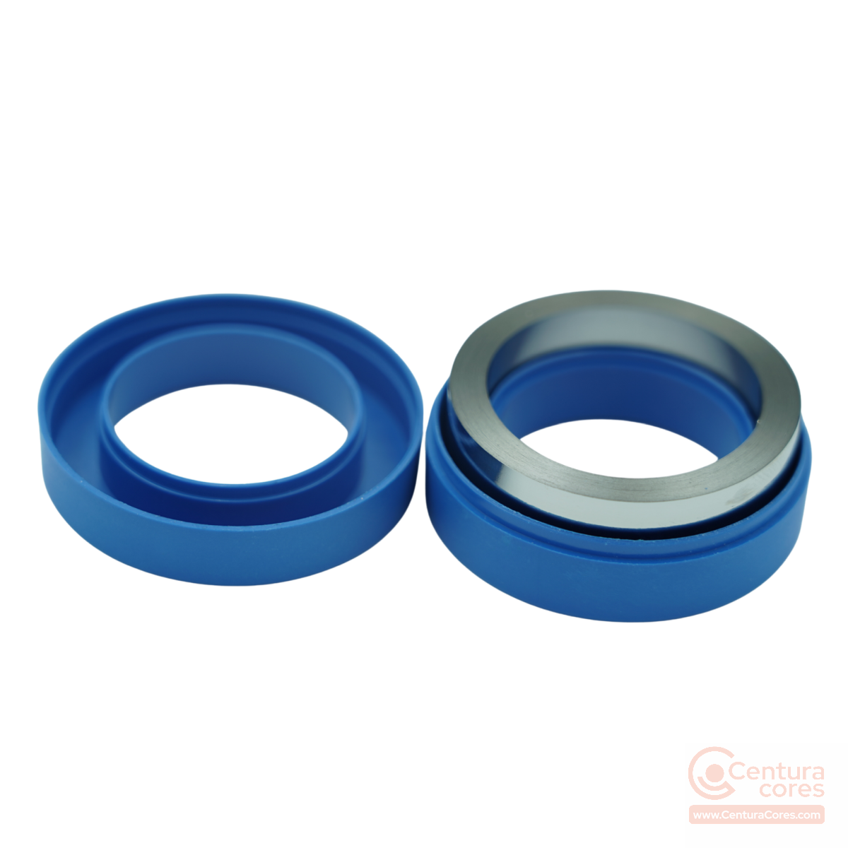 Disassembled CenturaCores CCNT-040-032-015-MFBL nanocrystalline toroidal core showing the internal metallic alloy ribbon core sitting in its protective plastic housing.