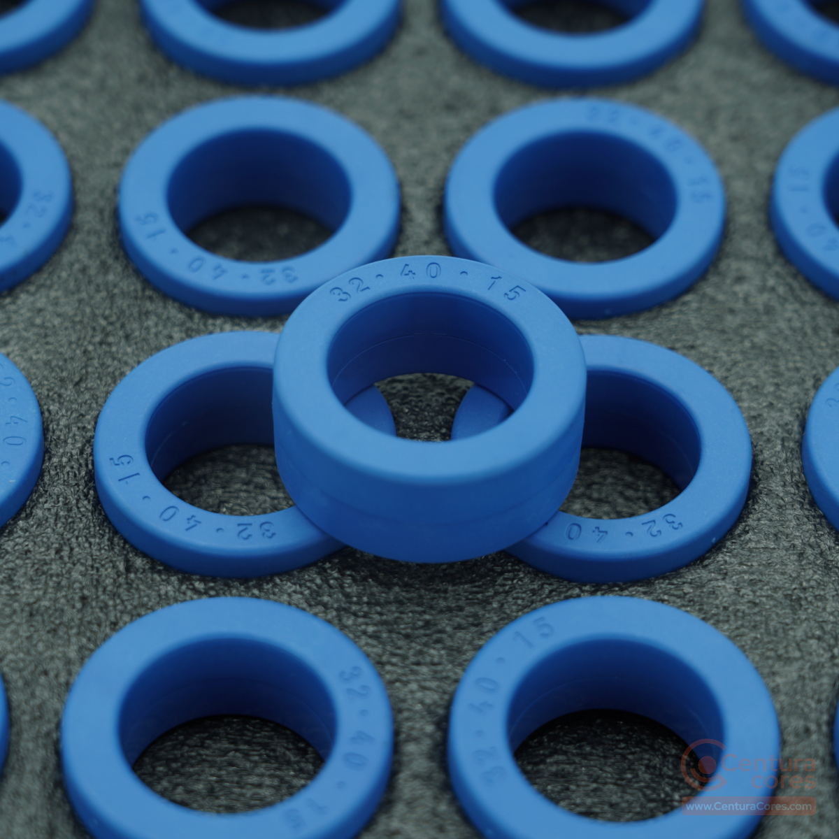 CenturaCores CCNT-040-032-015-MFBL nanocrystalline toroidal cores organized in precision ESD foam tray bulk packaging.