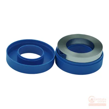 Disassembled CenturaCores CCNT-030-020-012-MFBL nanocrystalline toroidal core showing the internal metallic alloy ribbon core sitting in its protective plastic housing.