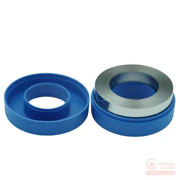 Disassembled CenturaCores CCNT-050-032-015-MFBL nanocrystalline toroidal core showing the internal metallic alloy ribbon core sitting in its protective plastic housing.
