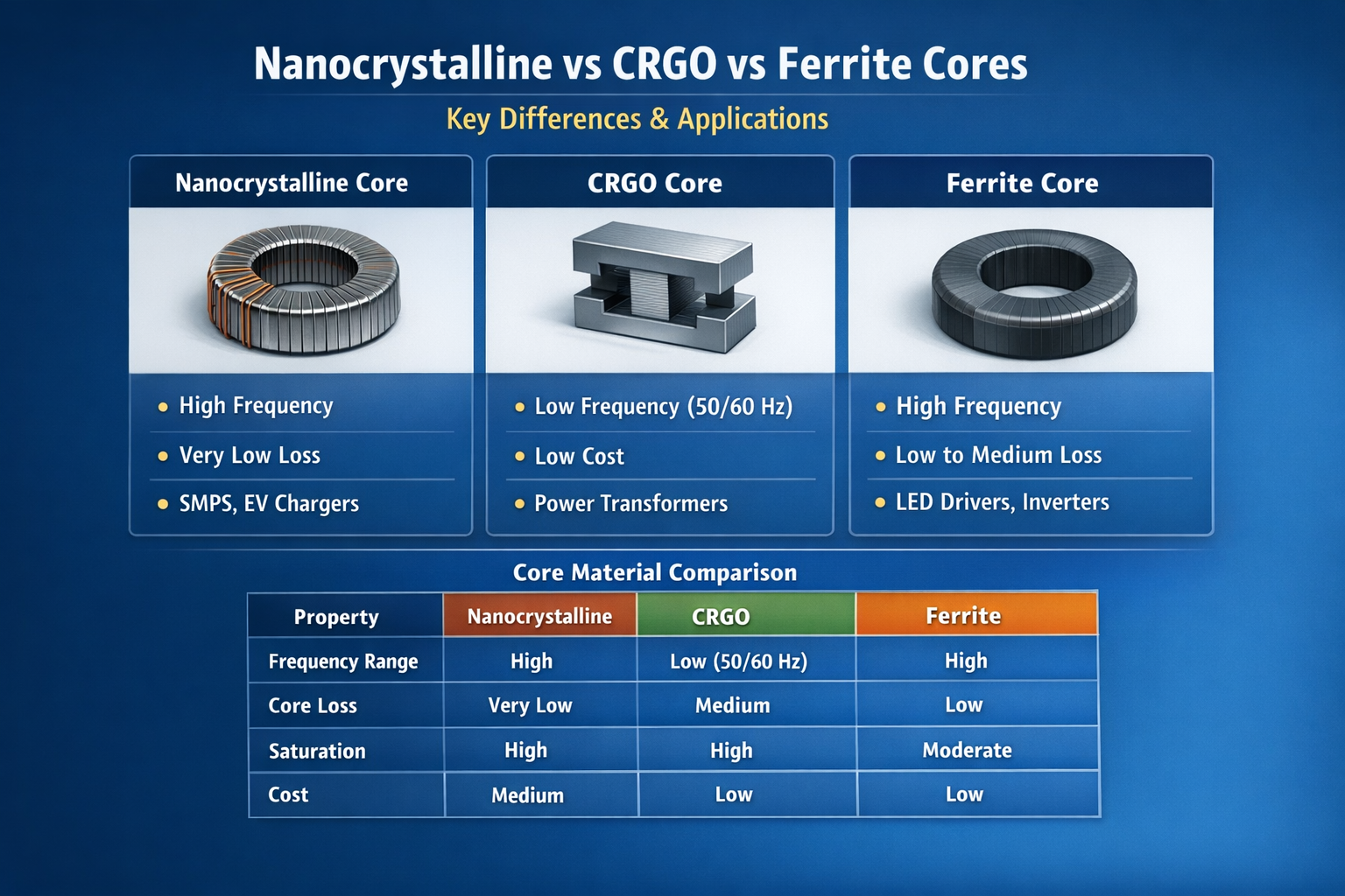 Comparison chart of Nanocrystalline, CRGO, and Ferrite core properties for transformers.